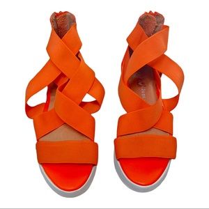 Jeffrey Campbell Havana Last Orange Thick Ankle Strap Wedge Sandals, Size 7